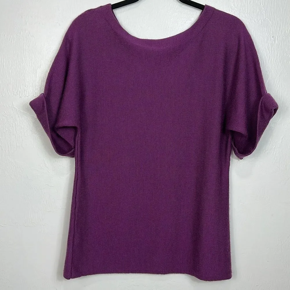 Eileen Fisher Wool Short Sleeve Round Neck Sweater In Purple Size S
